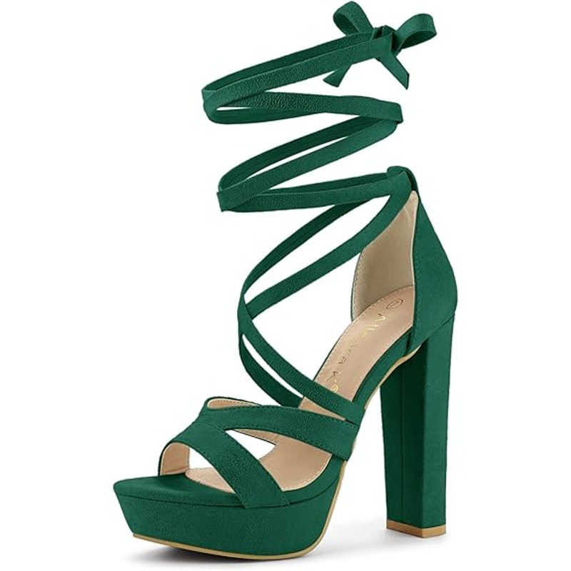 Allegra K Womens Size 8 Green 5.25" Heels Open Round Toe Lace Up Ankle Shoes