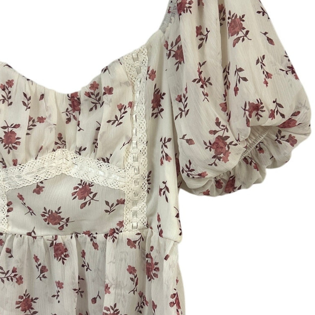 New Francescas Womens XS Cream Pink Floral Boho Blouson Cottage Smocked Top