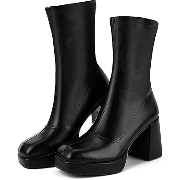 Putu Womens Size 7.5 Black Faux Leather 3.75" Platform Block Heel Pull On Boots