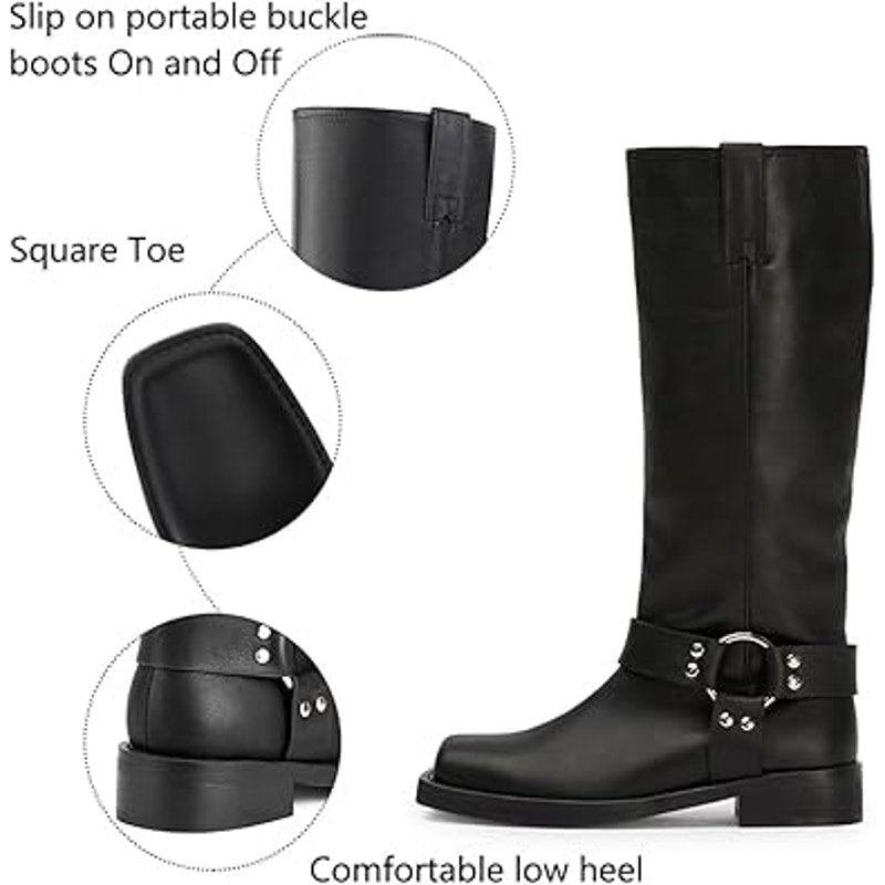 Fifsy Womens Size 6.5 Black Faux Leather 1.5" Heel Pull On Riding Boots Shoes
