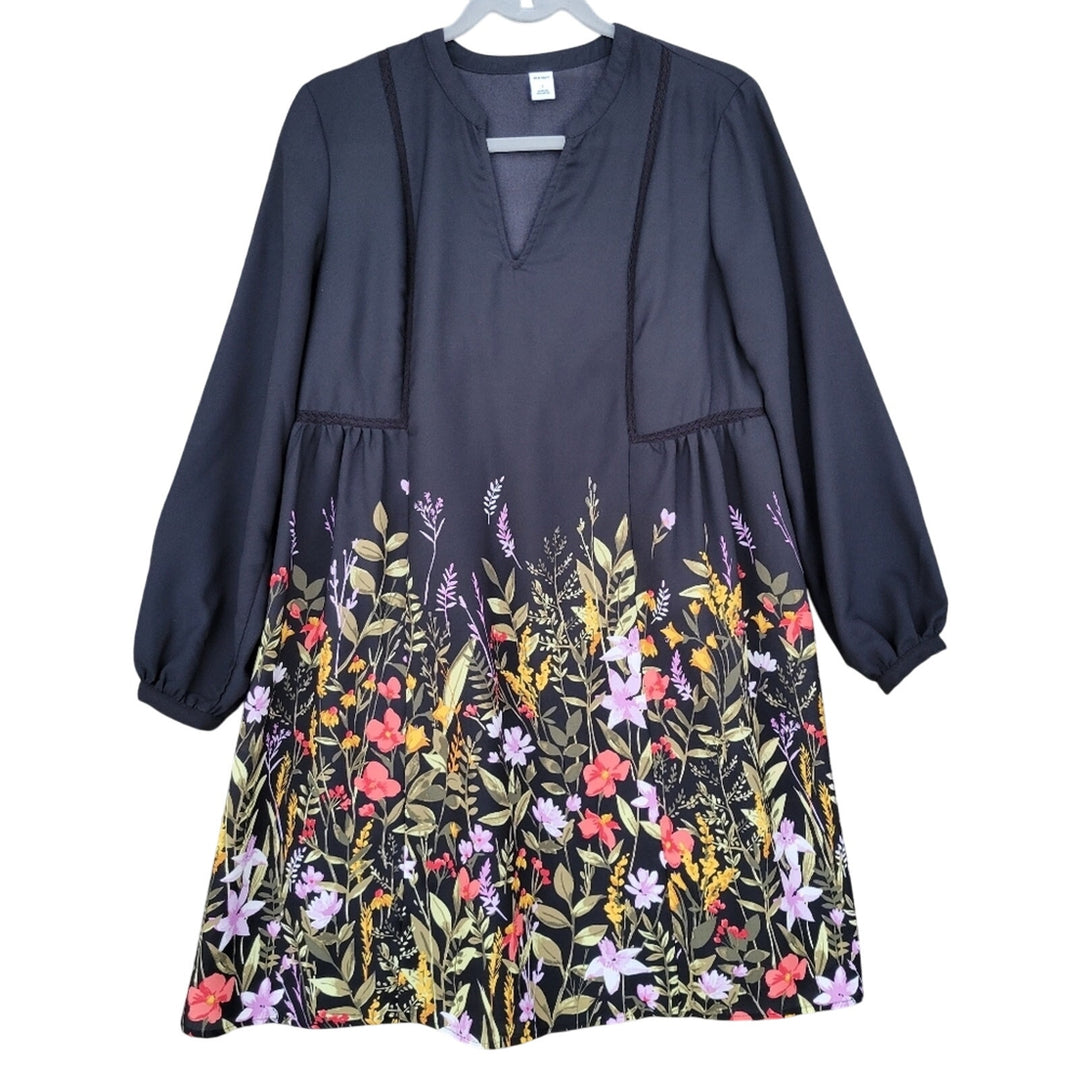 Old Navy Womens Small Black Floral Long Sleeve V Neck Sheer Shift Dress w Slip