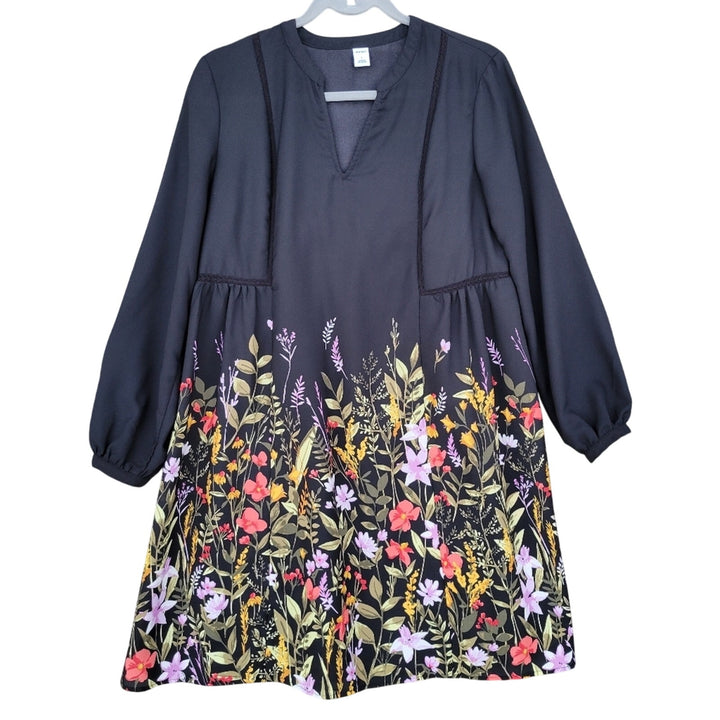Old Navy Womens Small Black Floral Long Sleeve V Neck Sheer Shift Dress w Slip