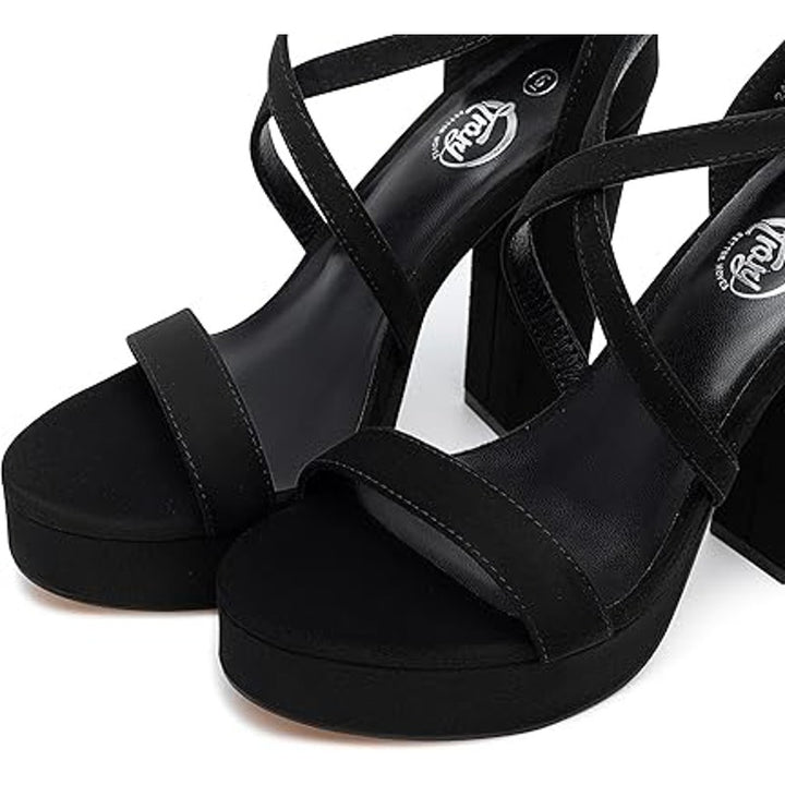 Trary Women Size 7.5 Black Faux Suede 4.5" Block Heel Open Toe Ankle Strap Shoes