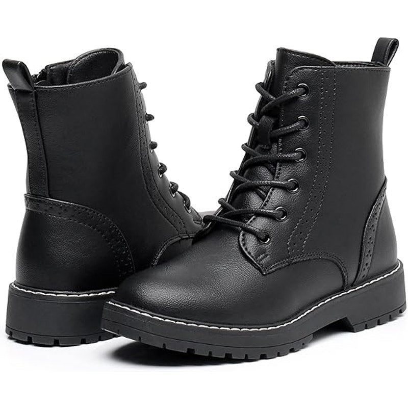 Apakowa Girls Size 5 Black Faux Leather Combat Boots Side Zipper Ankle Booties