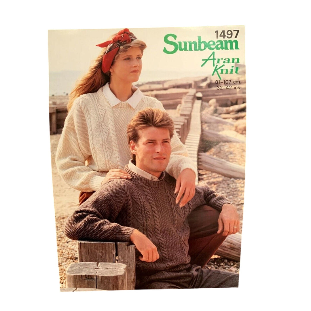 New Sunbeam Aran Knit 1497 His Hers Diamond Moss Stitch Sweater Knitting Pattern