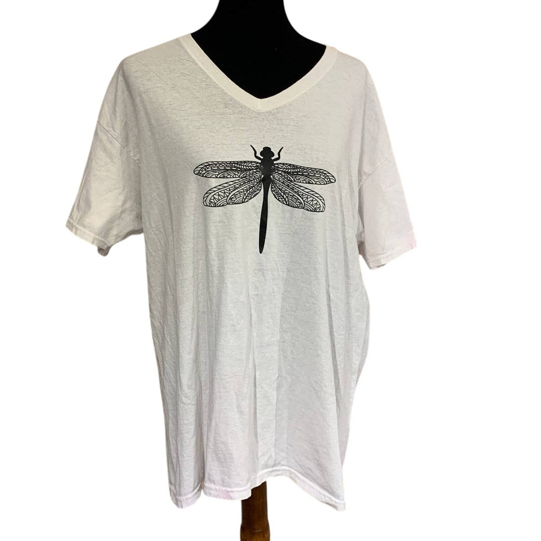 Hand Printed Upcycled Mens XL Dragonfly Short Sleeve 100% Cotton V-Neck Tee