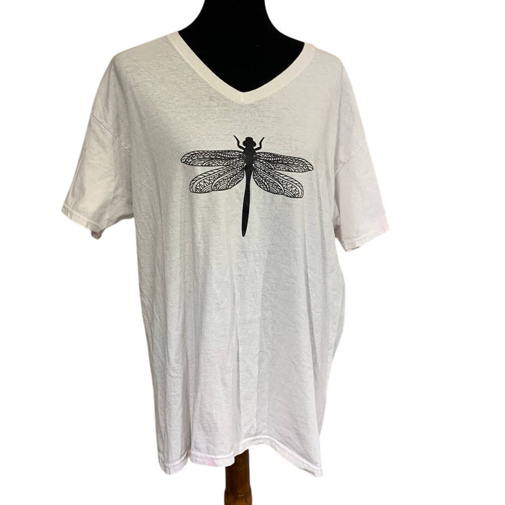 Hand Printed Upcycled Mens XL Dragonfly Short Sleeve 100% Cotton V-Neck Tee