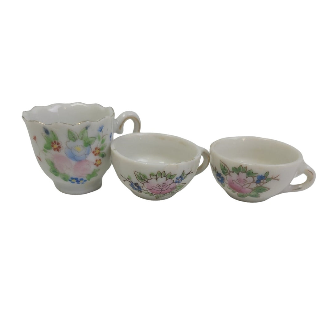 Vintage Mini Doll Floral Ceramic Tea Teapot Plate Cup Pitcher Set Made in Japan
