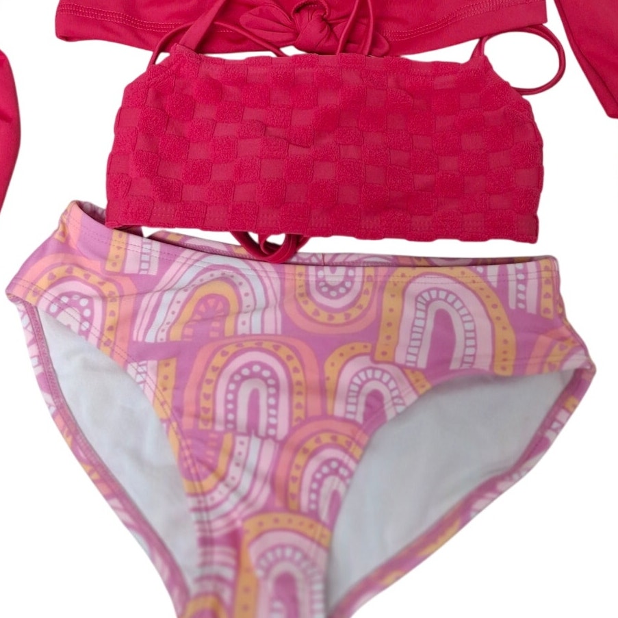New Art Class Girls Small (6/7) Pink Rainbow 3PC Bikini Cover Top Swim Suit Set