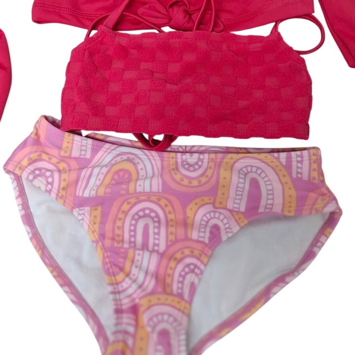 New Art Class Girls Small (6/7) Pink Rainbow 3PC Bikini Cover Top Swim Suit Set