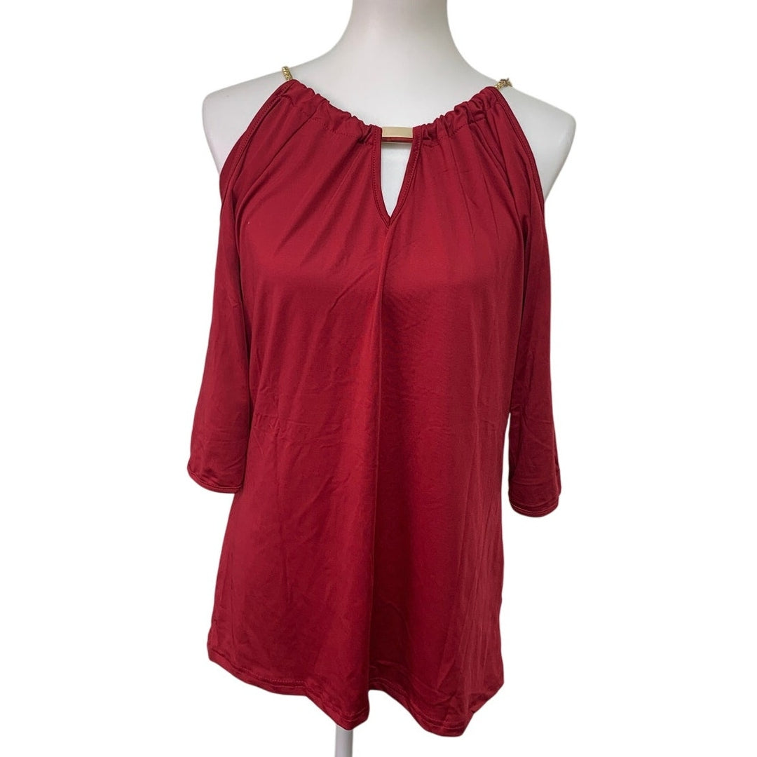 Womens XL Poly Cotton Cold Shoulder Chain Necklace Long Sleeve Red Blouse Top