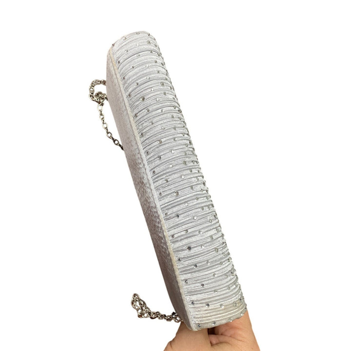 Gray Silver Rhinestone Satin Envelope Evening Optional Chain Clutch Purse