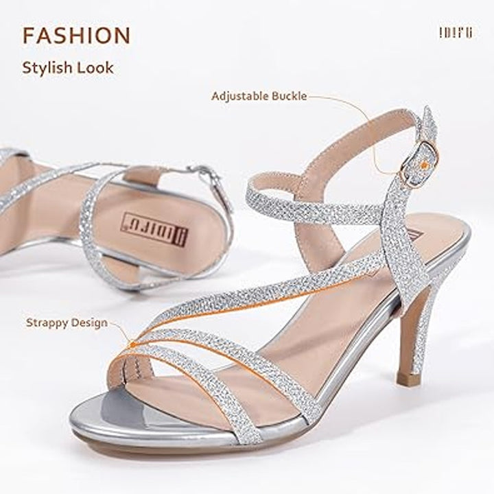 New Idifu Womens 7.5 Silver Glitter Open Toe 3.5" Heel Ankle Strap Sandal Shoes