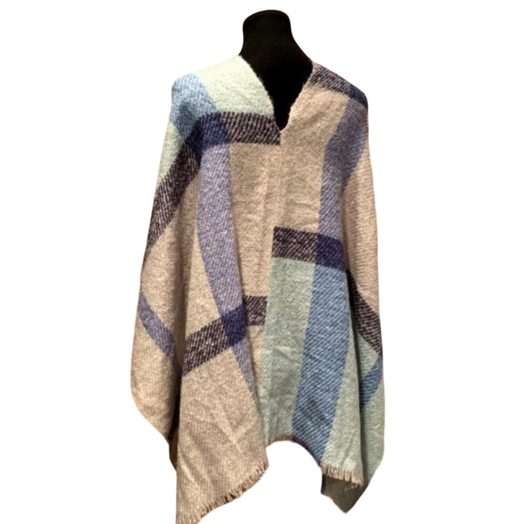 Handmade Upcycled 100% Acrylic Blue White Plaid Warm Fringed Poncho Wrap