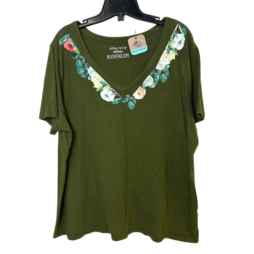 Upcycled Hand Printed Womens Size 1X Floral V Neck Short Sleeve Olive Tee Shirt