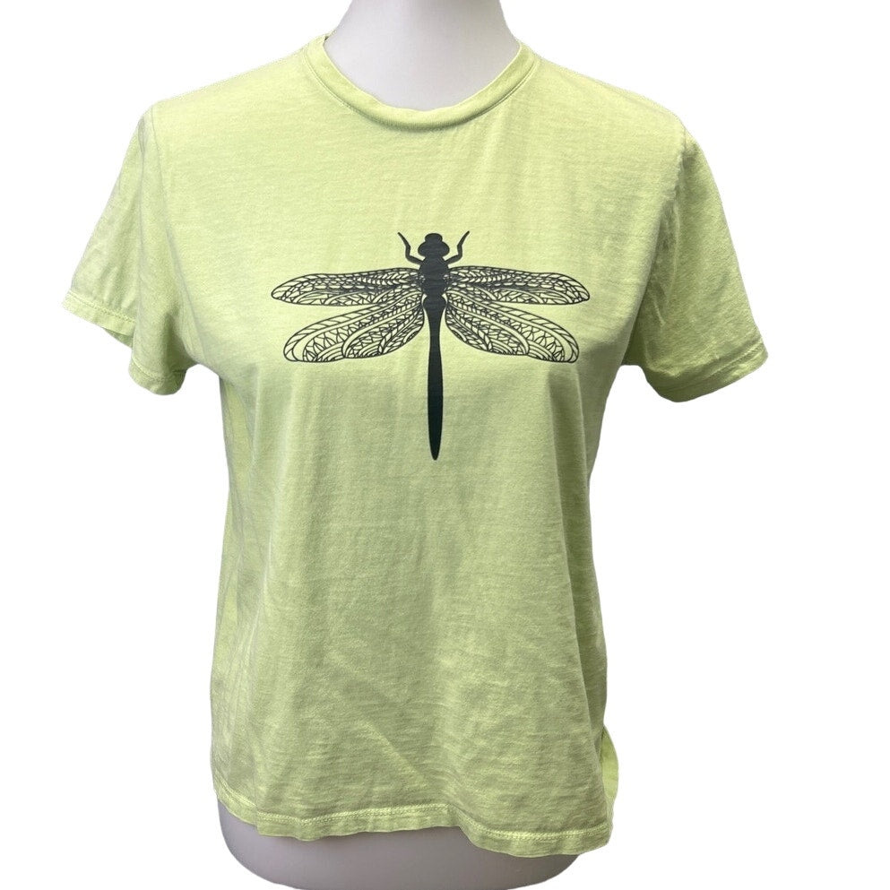 Hand Printed Upcycled Womens Medium Dragonfly 100% Cotton Crew Neck Tee