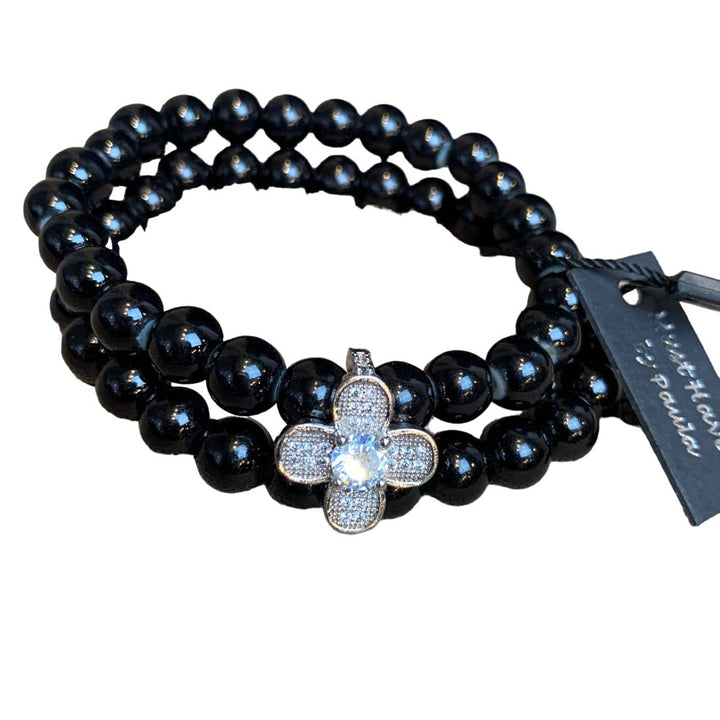 New Black Beaded Bracelet w Rhinestone Clip &amp; Bonus Silver Knuckle Ring