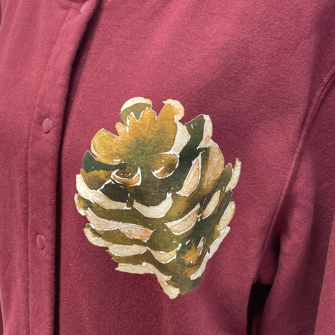 Hand Printed Medium Upcycled Rustic Woody Pine Cone Long Sleeve Snap Sweatshirt