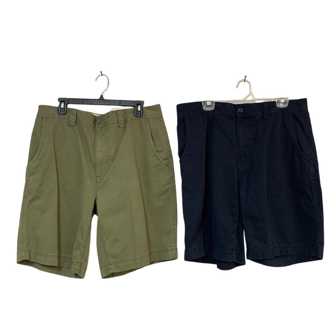 Lot of 2 St Johns Bay Mens Size 36 Olive Navy 100% Cotton Flat Front Shorts