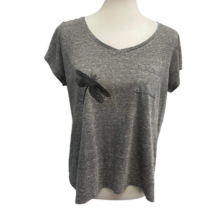 Hand Printed Upcycled Womens XL Dragonfly Short Sleeve V-Neck Short Sleeve Tee