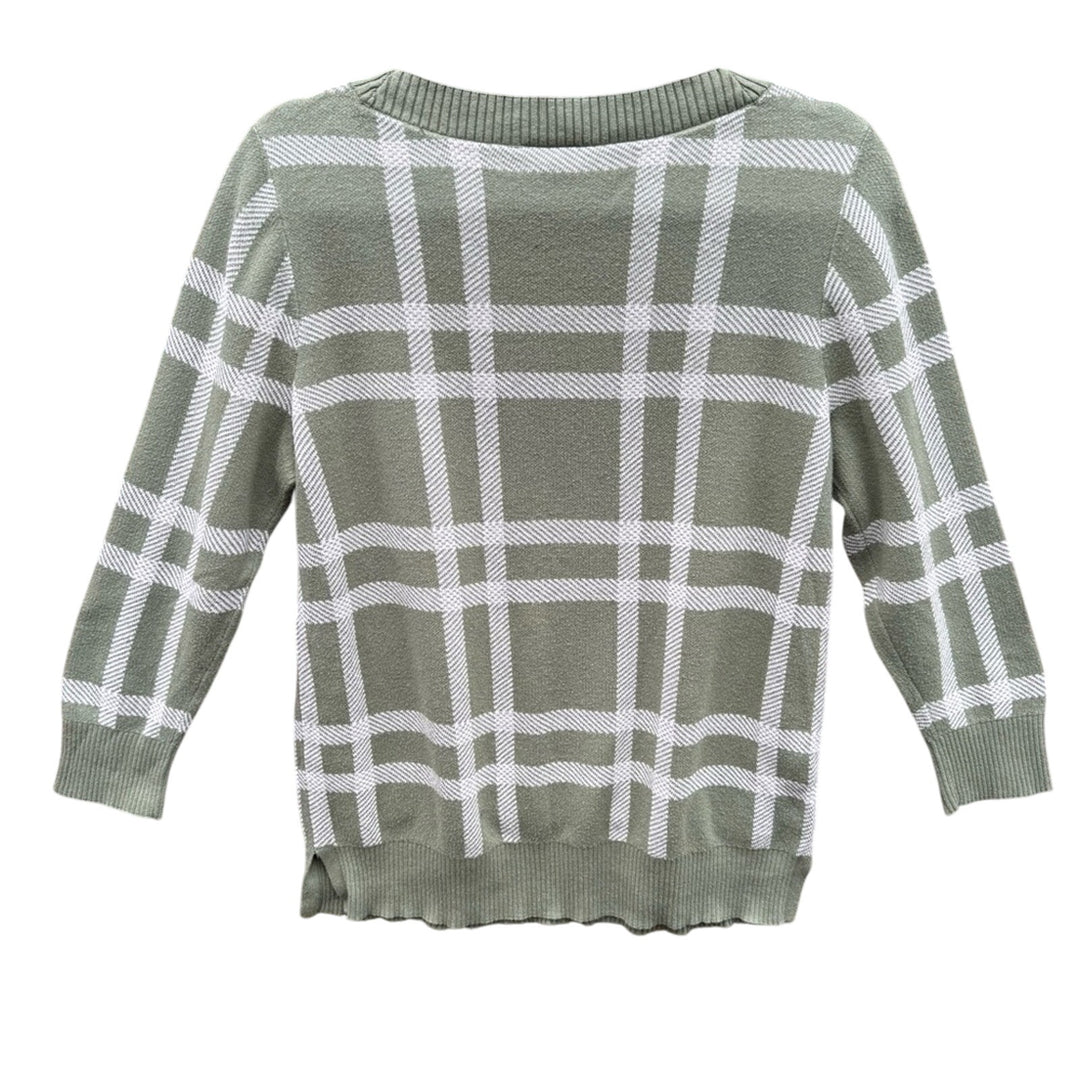 Loft Outlet Womens Large 100% Cotton Plaid 3/4 Sleeve Crew Neck Knit Sweater