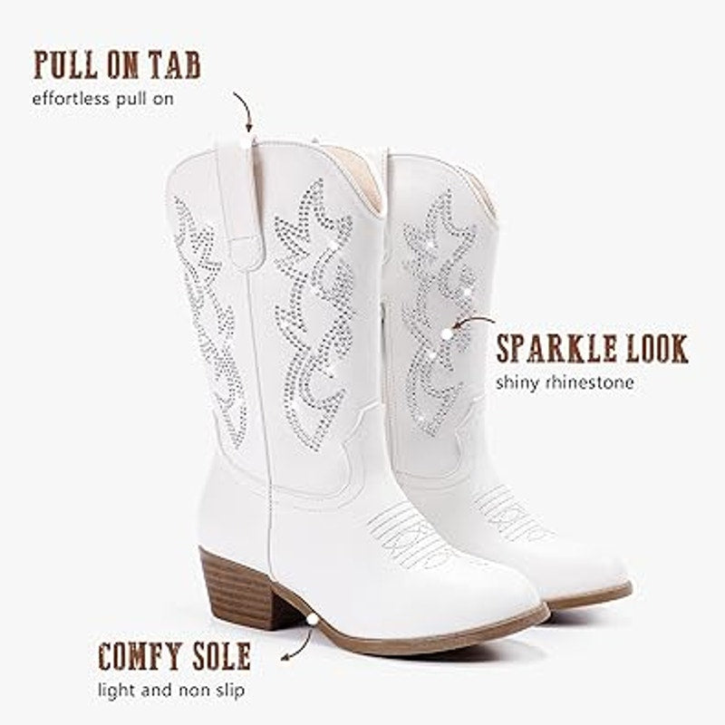 Laurmosa GIrls Size 6 White Faux Leather Silver Sparkle 1.5" Heel Cowboy Boots
