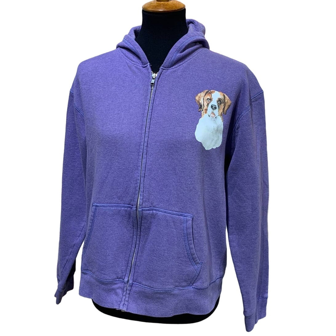 Hand Printed Upcycled Medium St Bernard Puppy Dog Sweatshirt Full Zip Hoodie