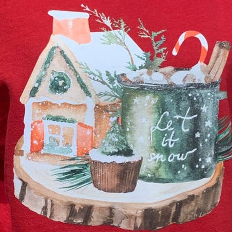 Upcycled Hand Printed Womens Large Christmas Tree Cupcake Cocoa Sweatshirt