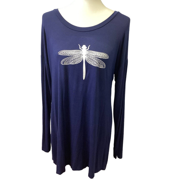 Hand Printed Upcycled Large Dragonfly Scoop Neck Long Sleeve Tunic / Short Dress