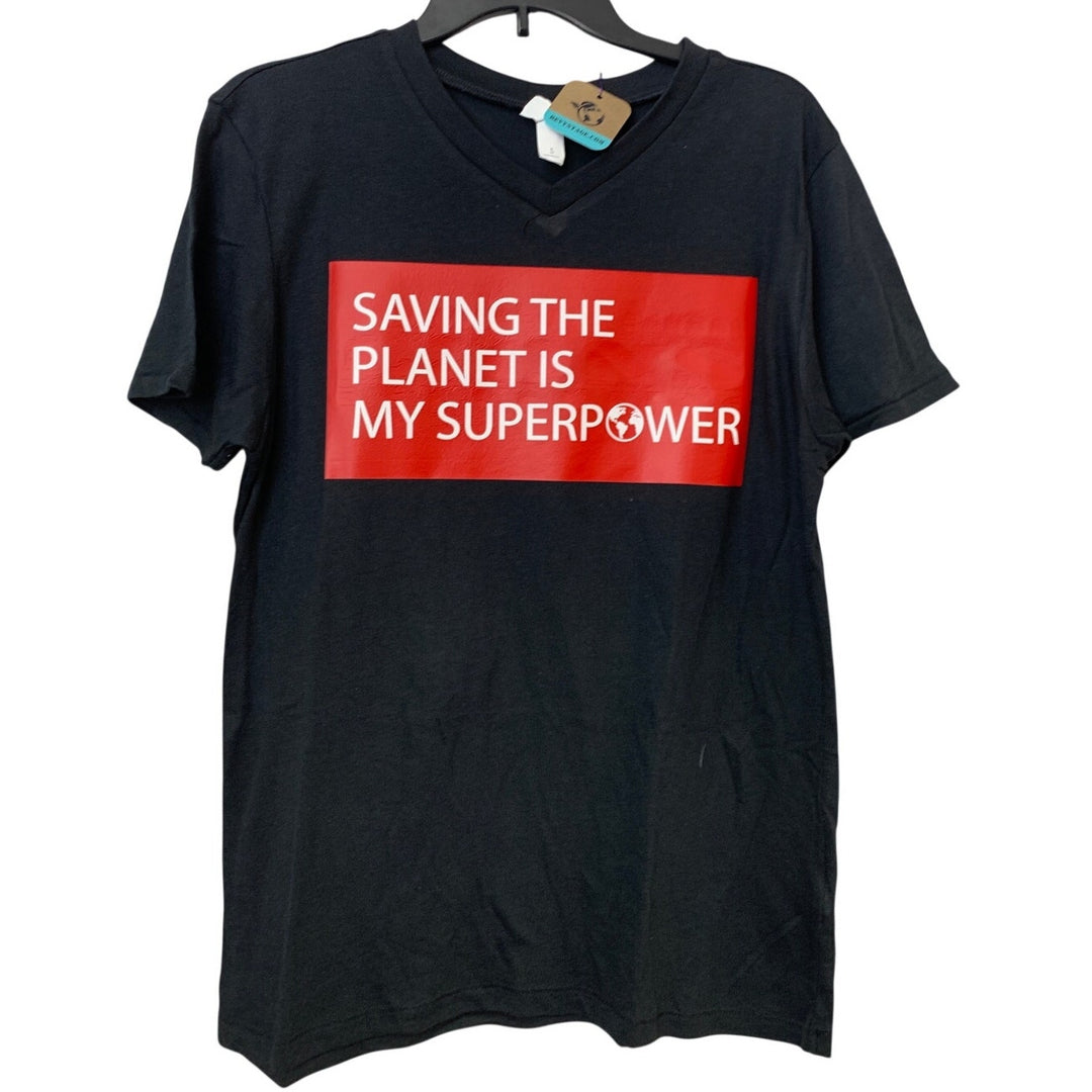 New Upcycled Hand Printed Womens Small Saving the Planet Is My Superpower Tee