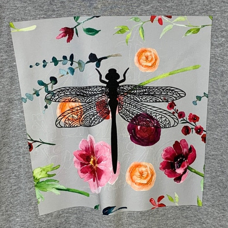 New Upcycled Hand Printed Womens XL Floral Dragonfly Crew Neck PolyCotton Tee