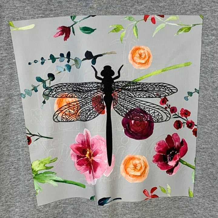 New Upcycled Hand Printed Womens XL Floral Dragonfly Crew Neck PolyCotton Tee