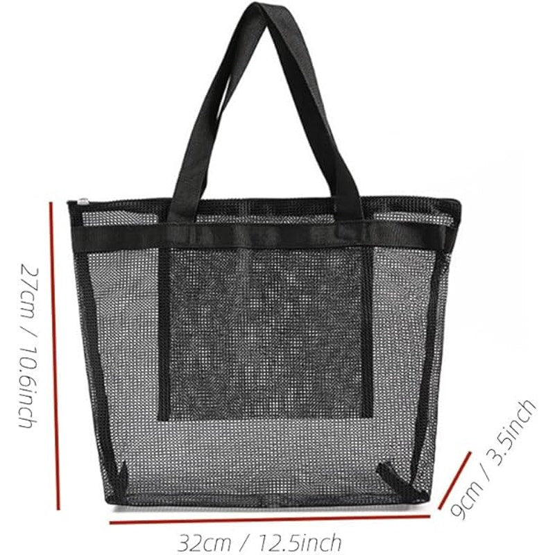 New Komost Black Double Handle Zip Up Foldable Travel Mesh Beach Tote Bag