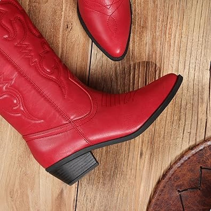 Dream Pairs Womens 8 Red Faux Leather 2" Heel Pull On Western Cowboy Boot Shoes