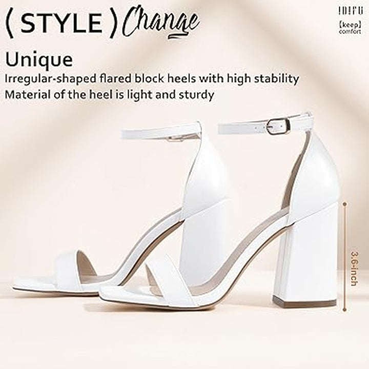 Idifu Womens Size 9 White Faux Leather 4" Block Heel Open Toe Ankle Strap Shoes