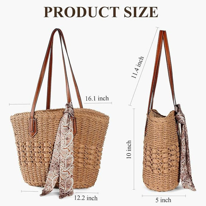 New Trifabricy (no sash) Tan Woven Straw Double Handle Shoulder Purse Handbag