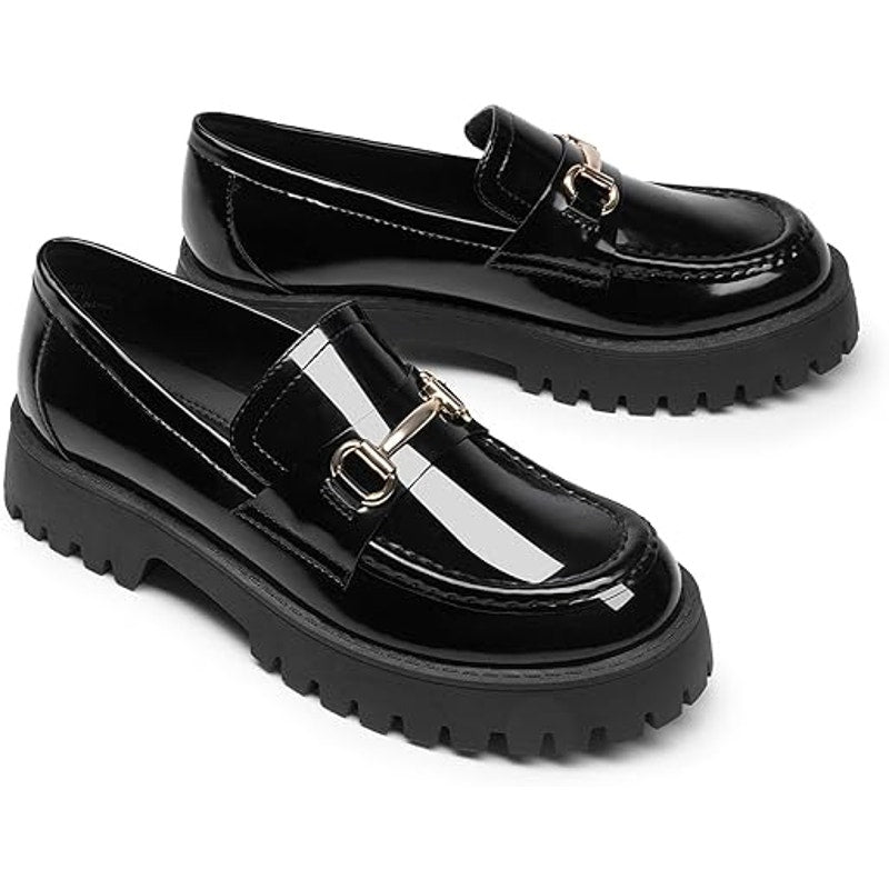New Dream Pairs Womens 7.5 Black Faux Leather GOLD Buckle Platform Loafer Shoes