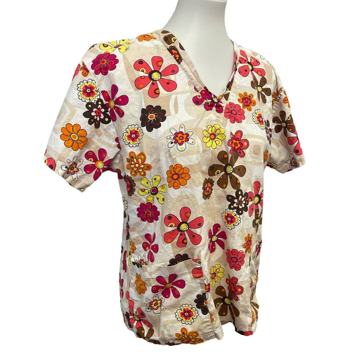Peaches Medium Cotton Blend V-Neck Fall Orange Floral Short Sleeve Scrub Top