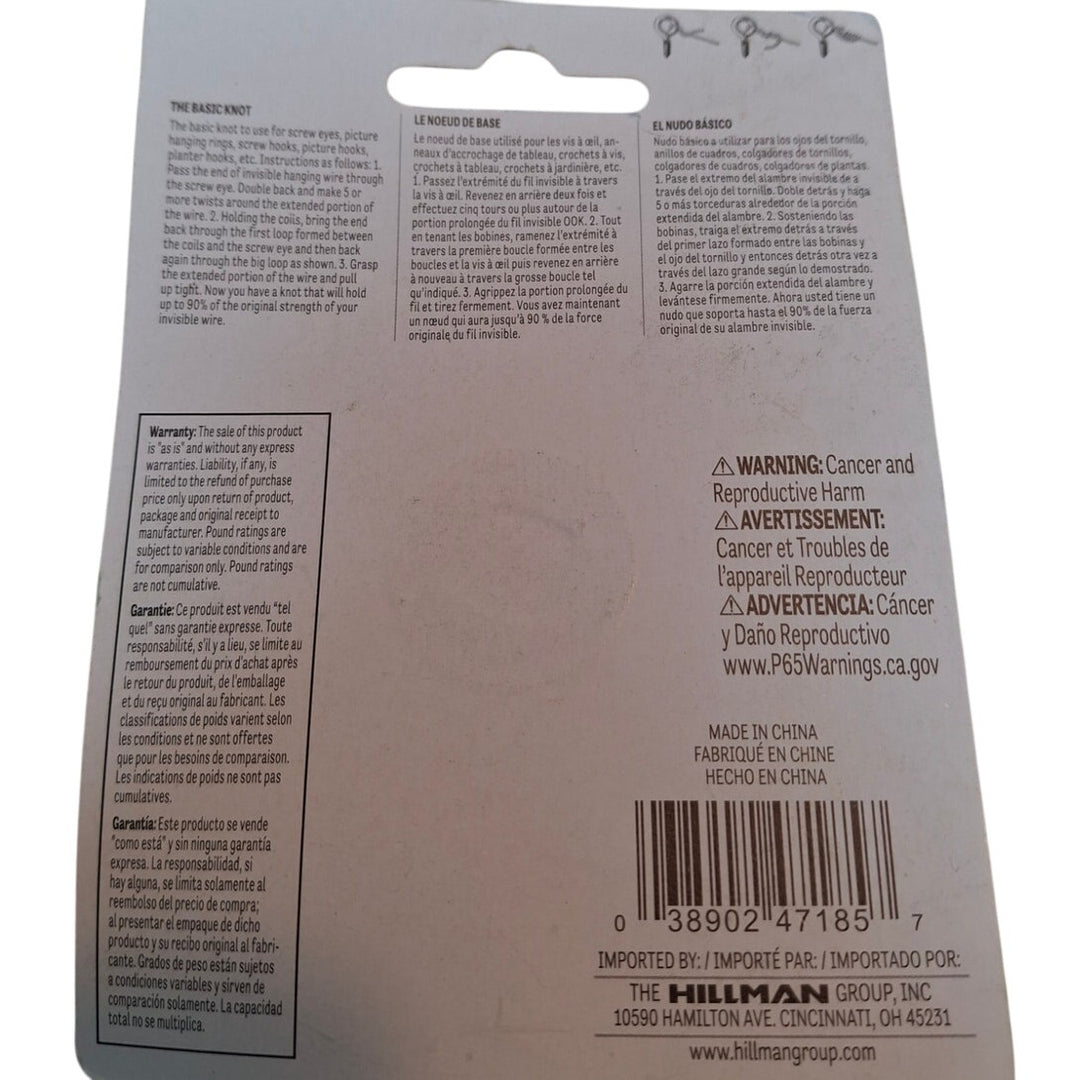 3 Packages New Hillman 25 Feet 15lb Picture Hanging Clear Invisible Cord 123002