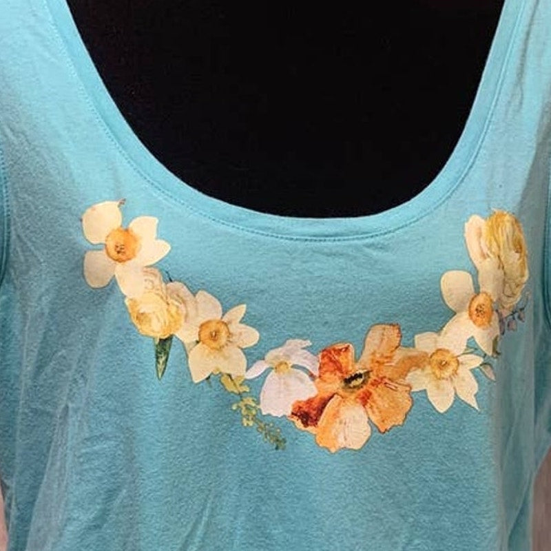 Hand Printed Upcycled Motherhood Maternity XL Flowers Side Gathered Tank Top