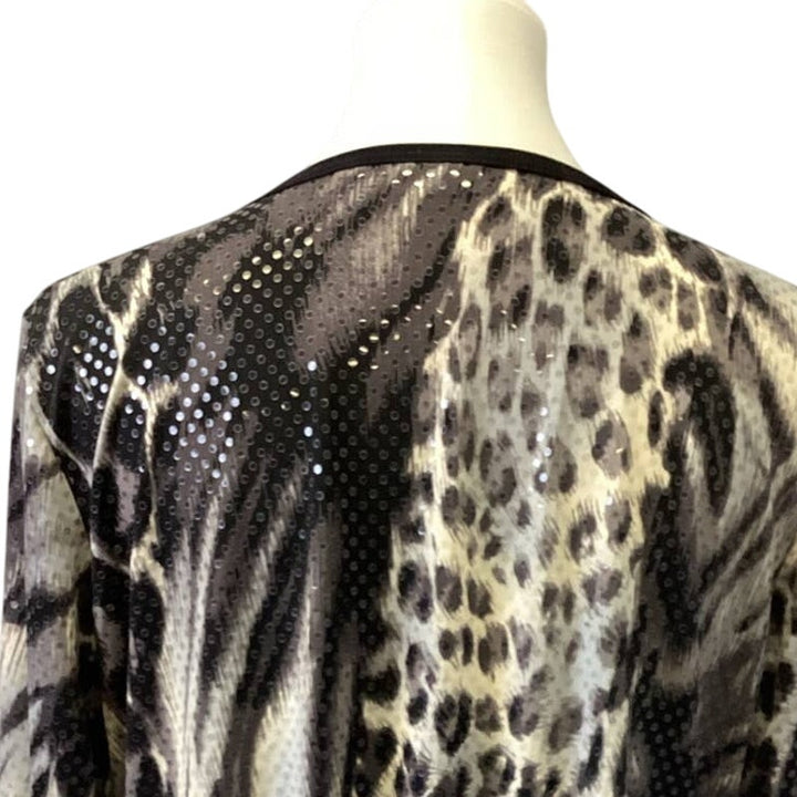 Susan Graver Large Animal Zebra Stripe Leopard Spot V-Neck Sequin Sparkle Top
