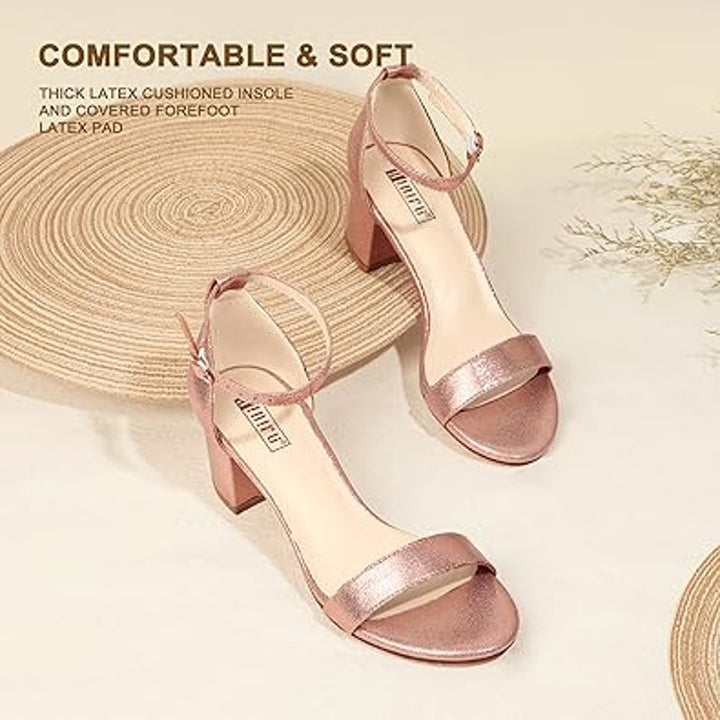 Idifu Womens Size 8.5 Rose Gold Sparkle Open Toe 2" Block Heel Ankle Strap Shoes