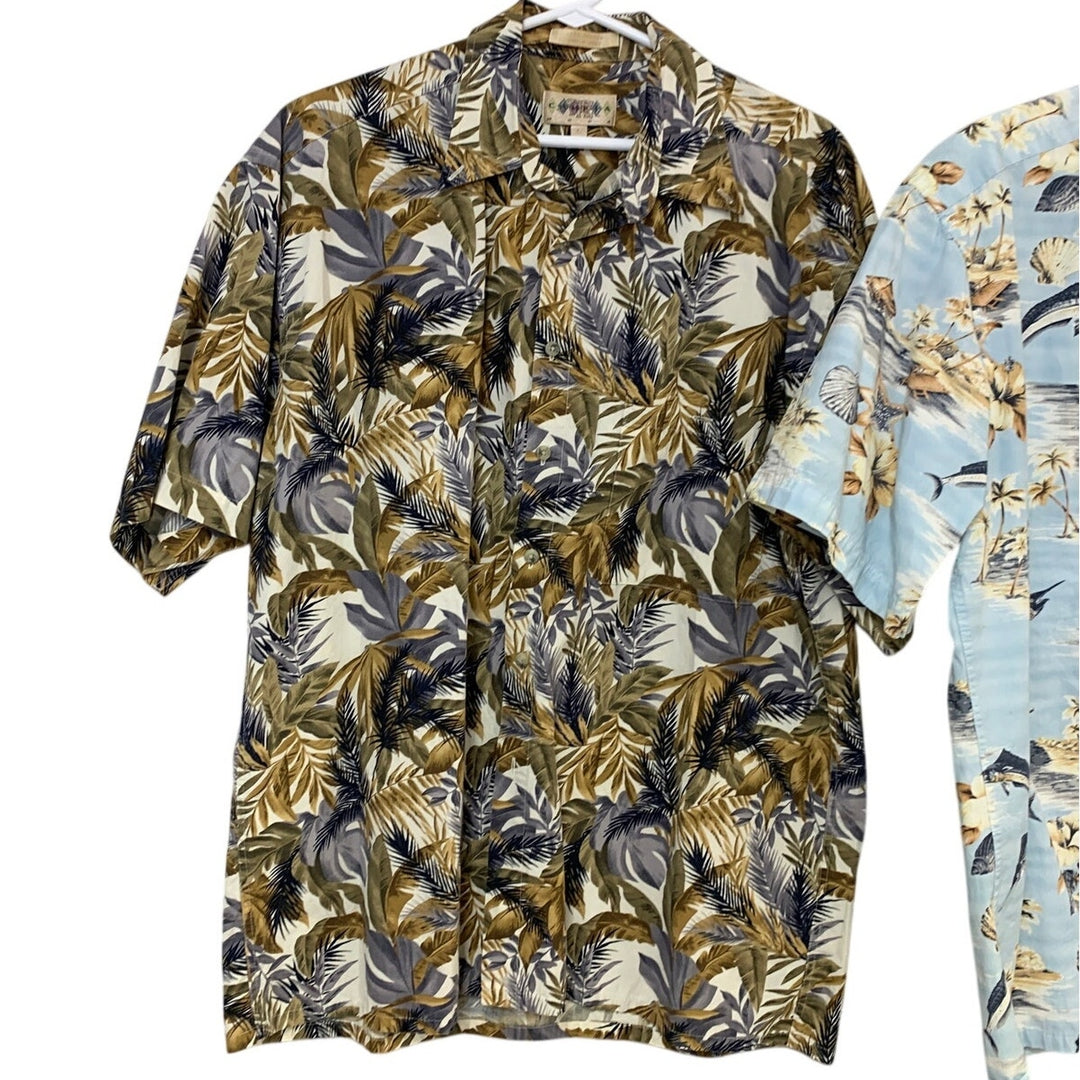 Lot of 2 Campia Moda Mens Large Cotton Floral Fish Short Sleeve Button Up Shirts