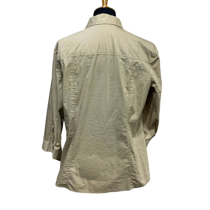 New York &amp; Company Stretch Large Tan Fitted Long Sleeve Half Button Down Blouse