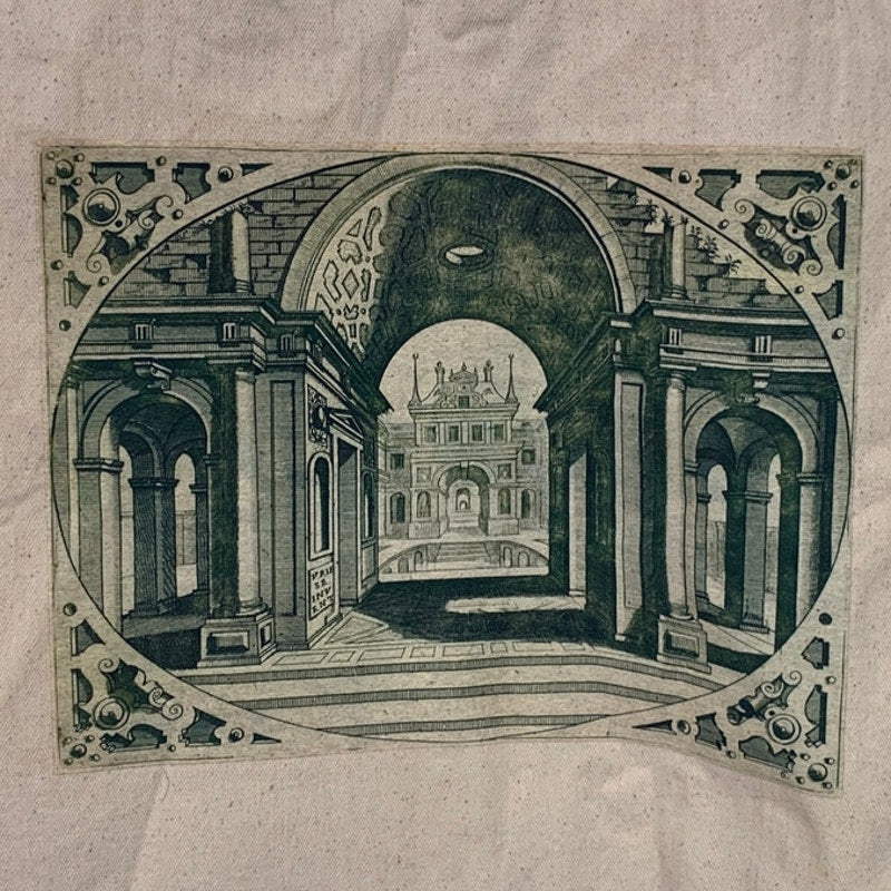 Upcycled Hand Printed Architecture Columns Castle Canvas Shopper Tote Bag