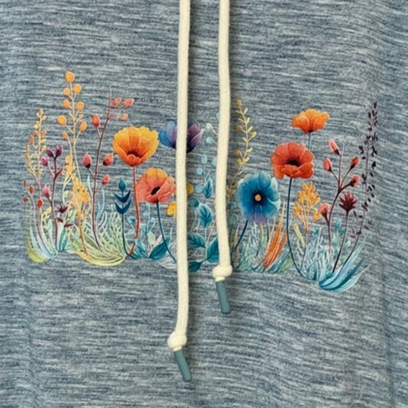 Upcycled Hand Printed Womens Small Floral Long Sleeve Cowl Neck Sweatshirt