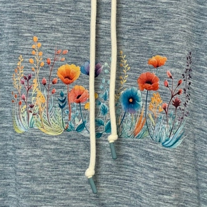Upcycled Hand Printed Womens Small Floral Long Sleeve Cowl Neck Sweatshirt