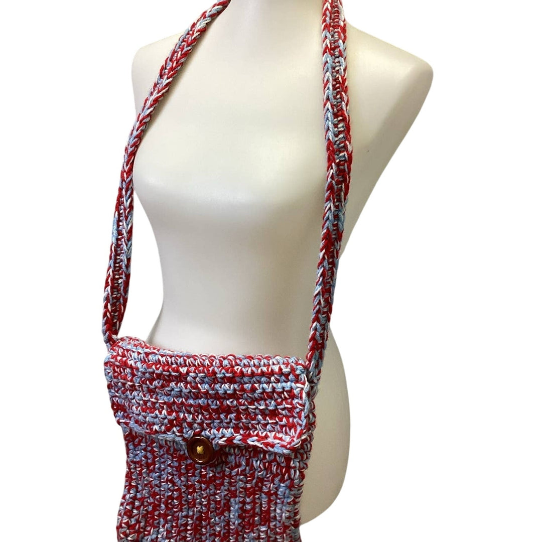 Handmade Knit Red White Blue Yarn Crossbody Pouch Buttoned Handbag Purse Bag