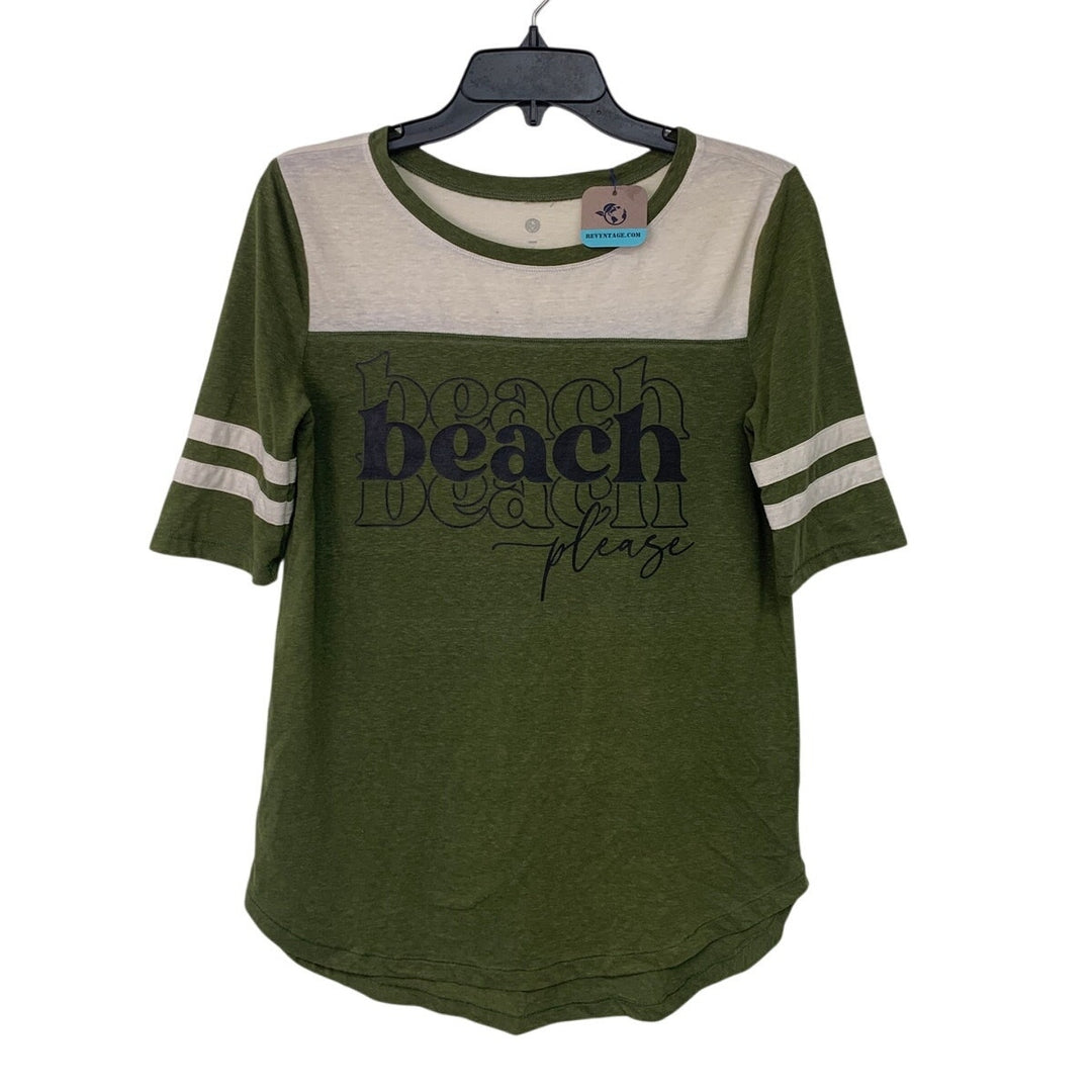 Upcycled Hand Printed Womens Medium Beach Please Crew Neck White Stripe Tee
