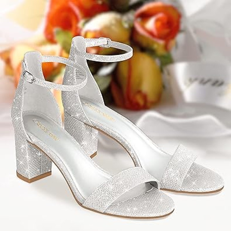 Pizz Annu Womens Size 7 Silver Glitter 2.5" Heel Open Toe Ankle Strap Shoes